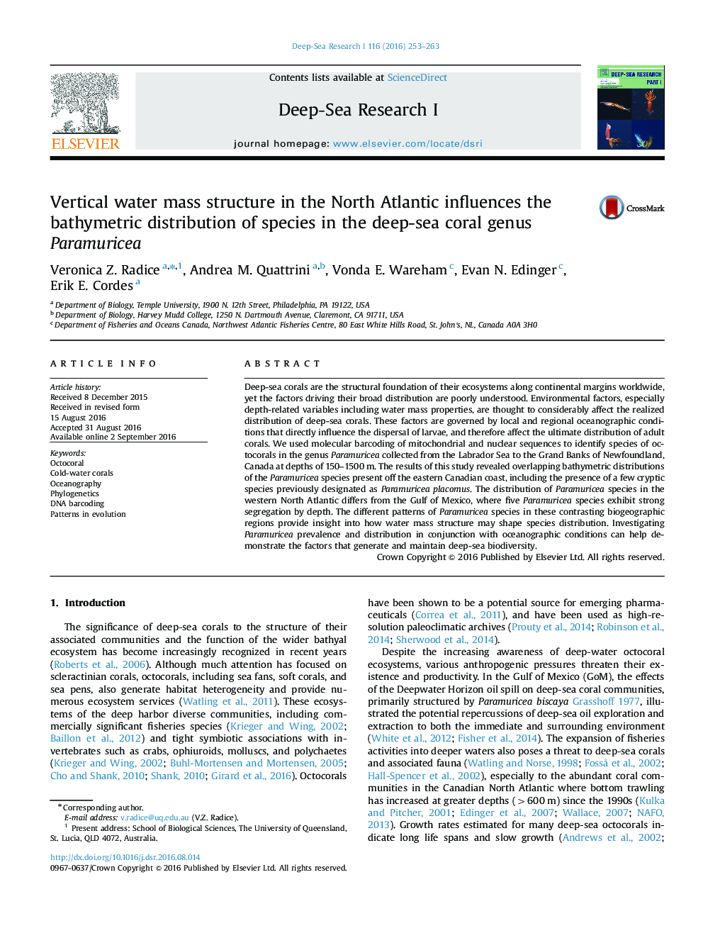 Vertical water mass structure in the North Atlantic influences the bathymetric distribution of species in the deep-sea coral genus Paramuricea