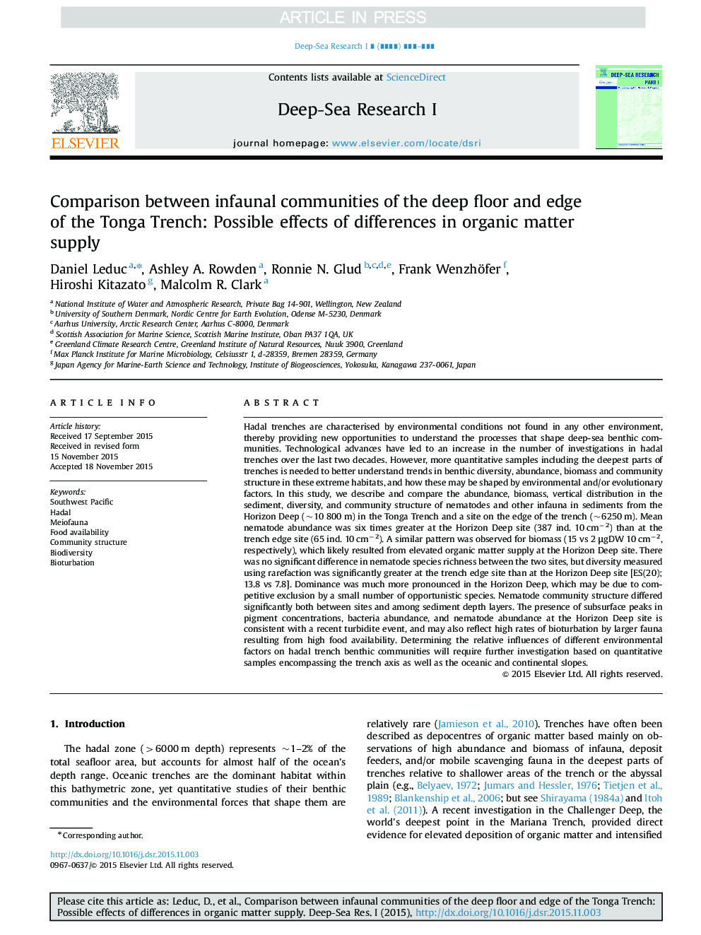 Comparison between infaunal communities of the deep floor and edge of the Tonga Trench: Possible effects of differences in organic matter supply