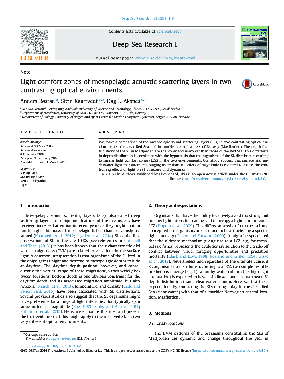 NoteLight comfort zones of mesopelagic acoustic scattering layers in two contrasting optical environments