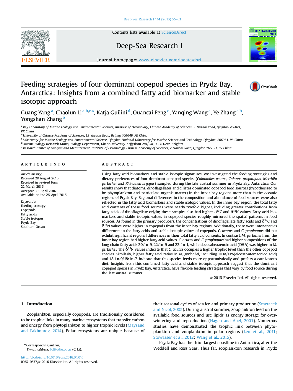 Feeding strategies of four dominant copepod species in Prydz Bay, Antarctica: Insights from a combined fatty acid biomarker and stable isotopic approach