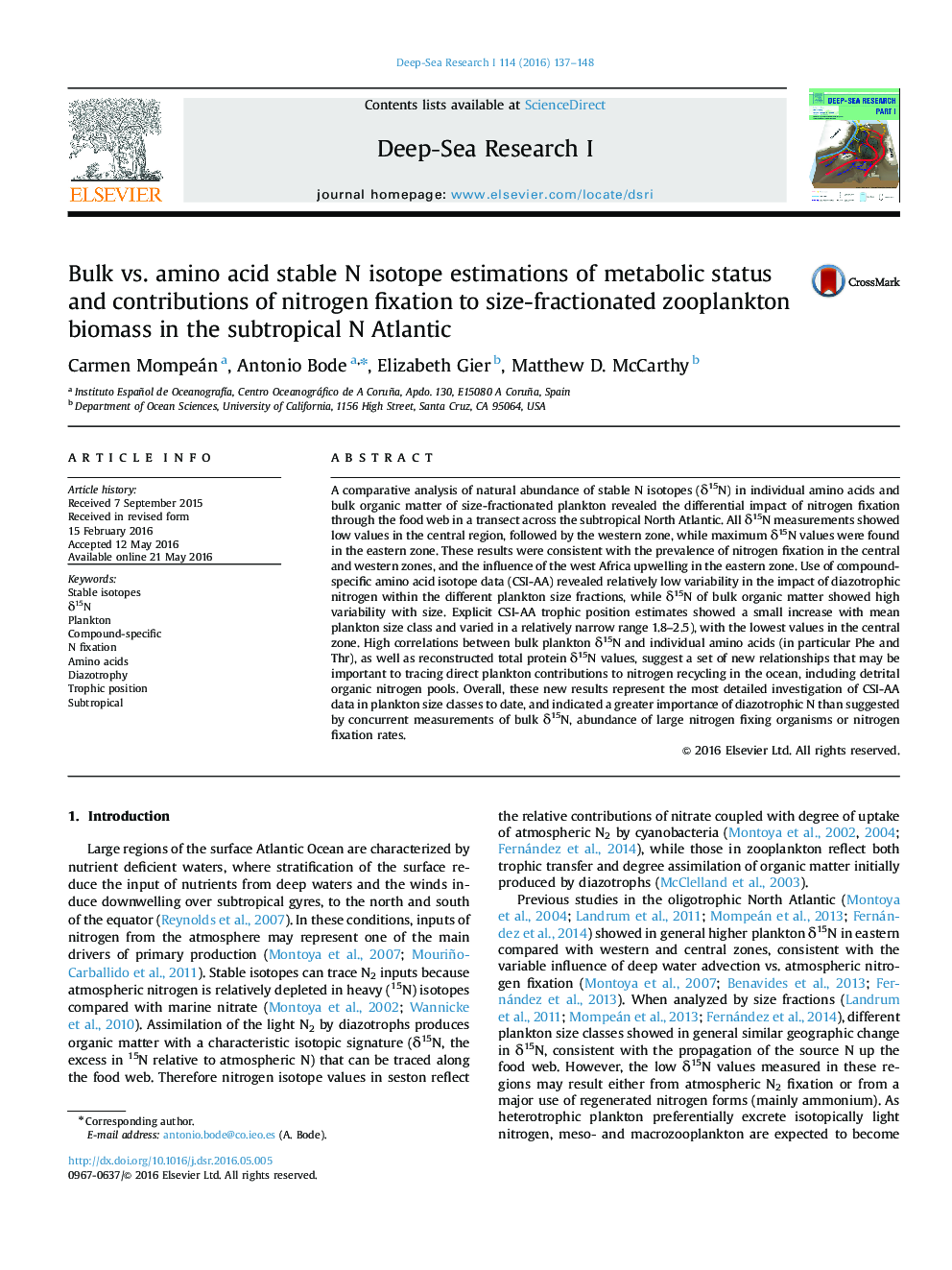 Bulk vs. amino acid stable N isotope estimations of metabolic status and contributions of nitrogen fixation to size-fractionated zooplankton biomass in the subtropical N Atlantic