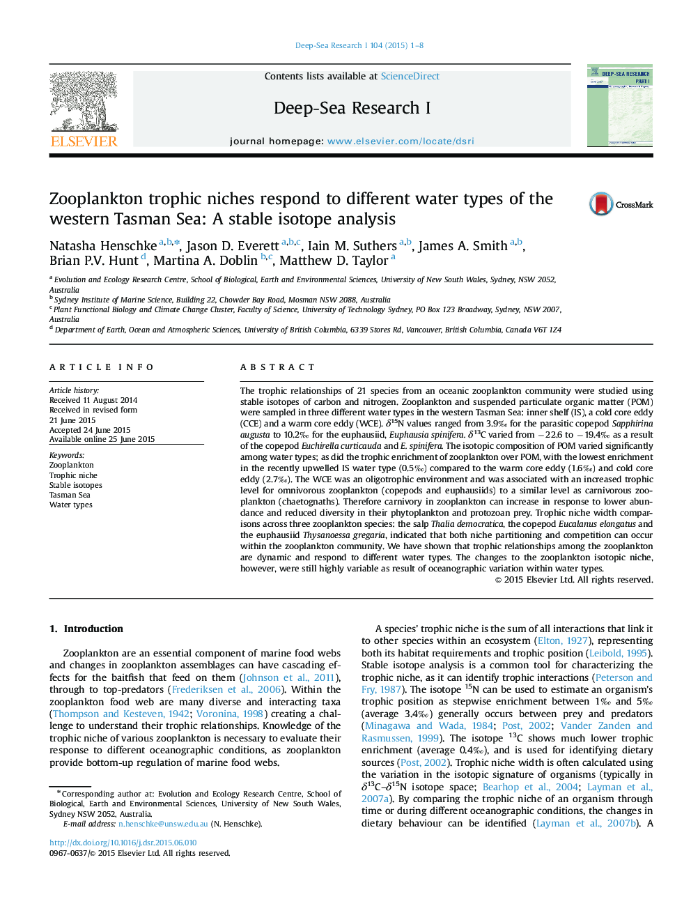 Zooplankton trophic niches respond to different water types of the western Tasman Sea: A stable isotope analysis