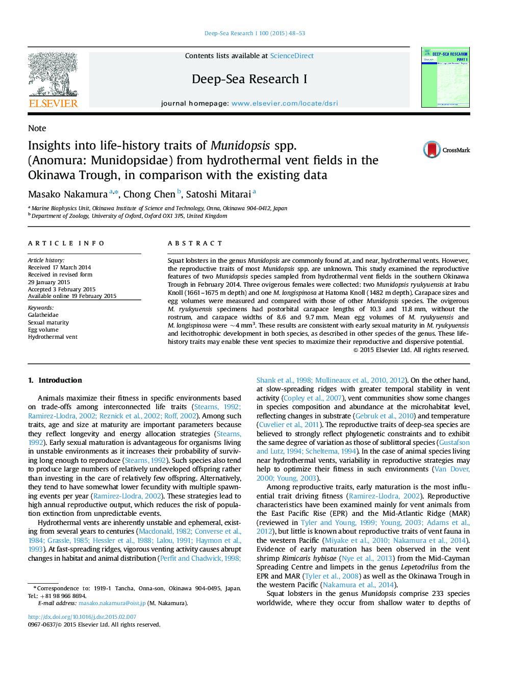 Insights into life-history traits of Munidopsis spp. (Anomura: Munidopsidae) from hydrothermal vent fields in the Okinawa Trough, in comparison with the existing data