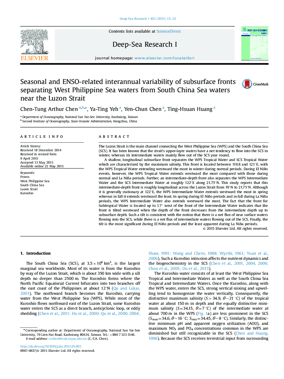 Seasonal and ENSO-related interannual variability of subsurface fronts separating West Philippine Sea waters from South China Sea waters near the Luzon Strait