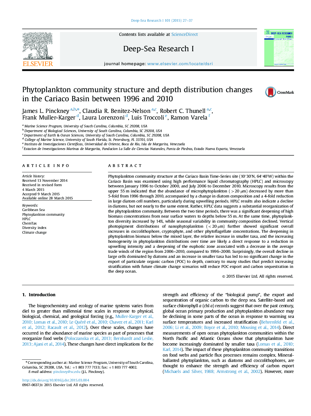 Phytoplankton community structure and depth distribution changes in the Cariaco Basin between 1996 and 2010