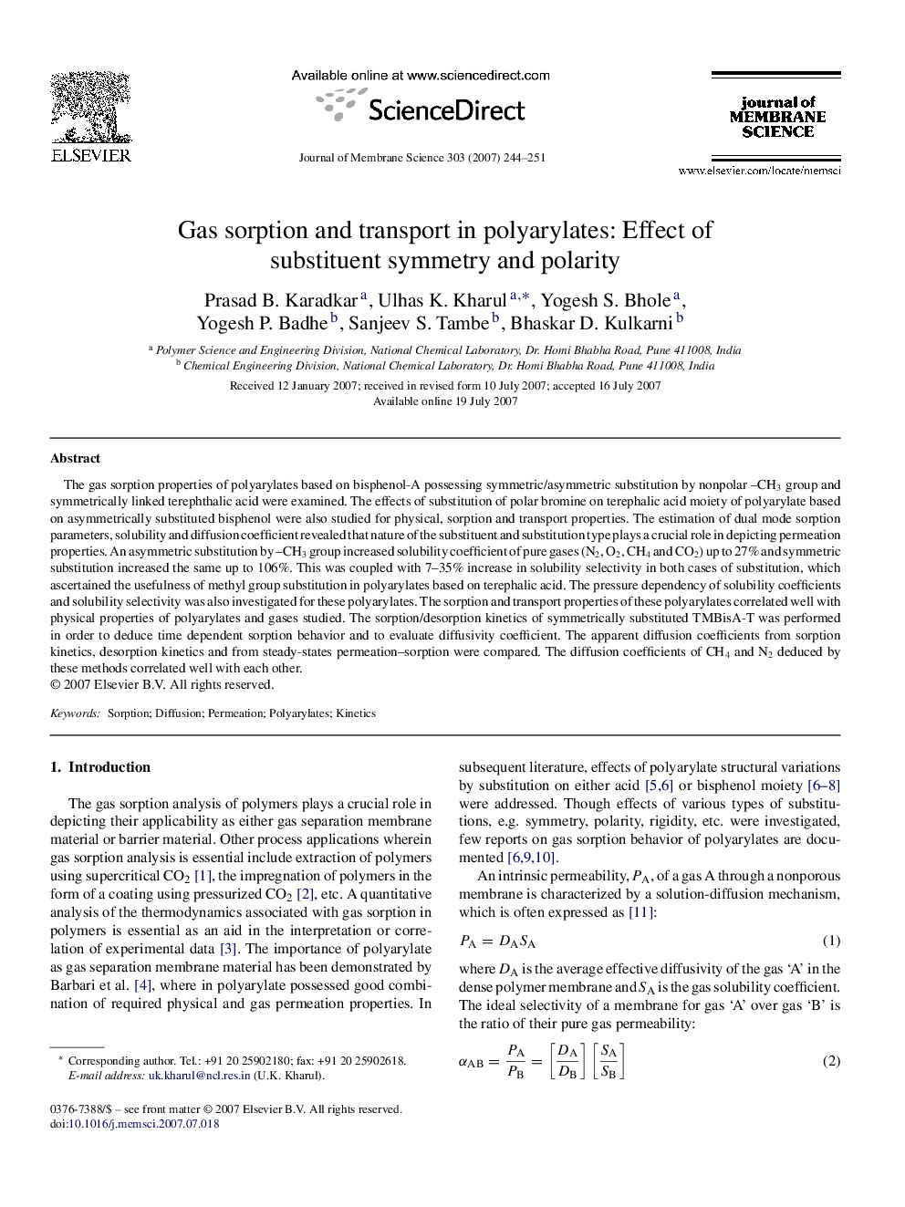 Gas sorption and transport in polyarylates: Effect of substituent symmetry and polarity