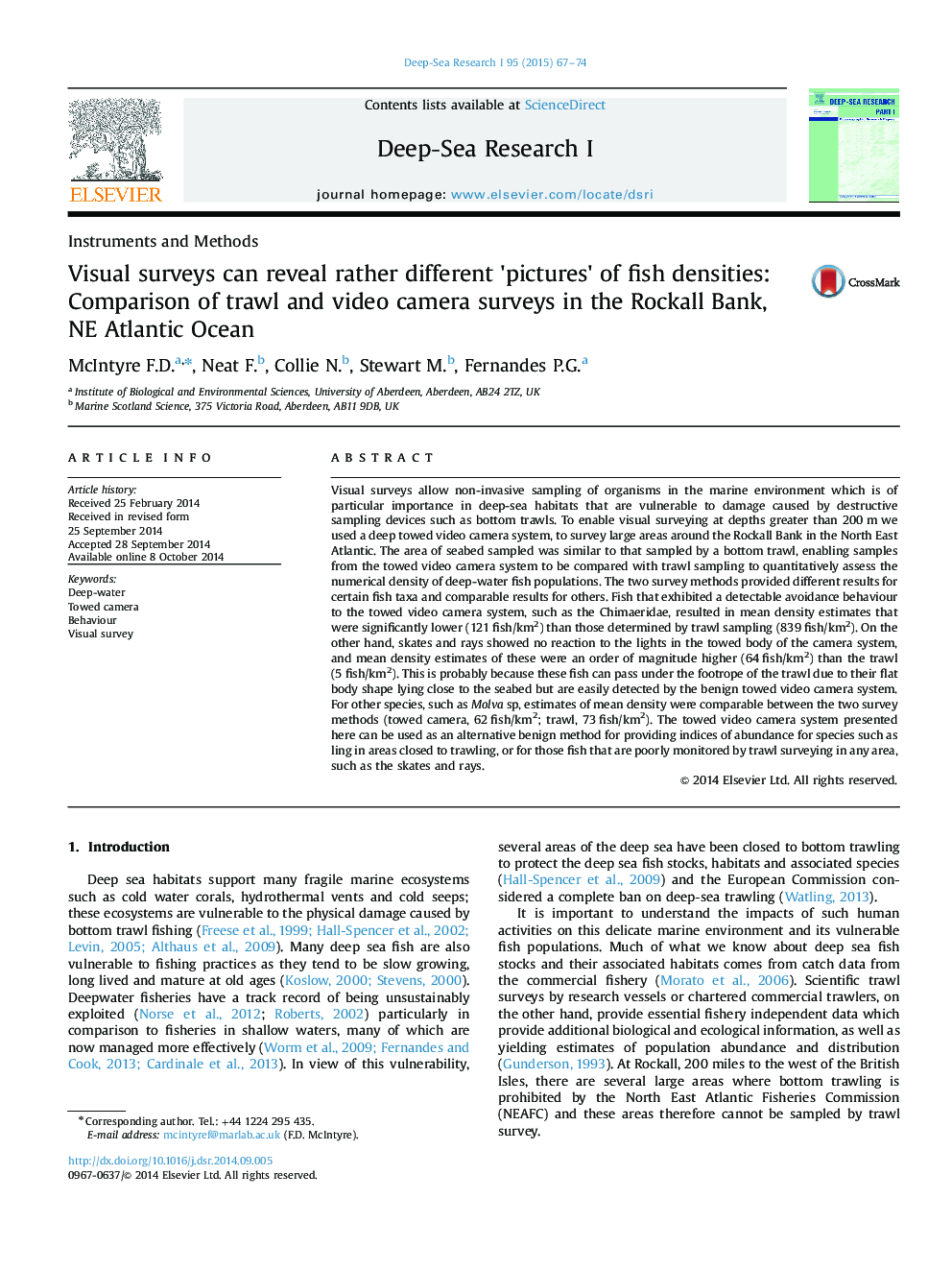 Visual surveys can reveal rather different 'pictures' of fish densities: Comparison of trawl and video camera surveys in the Rockall Bank, NE Atlantic Ocean