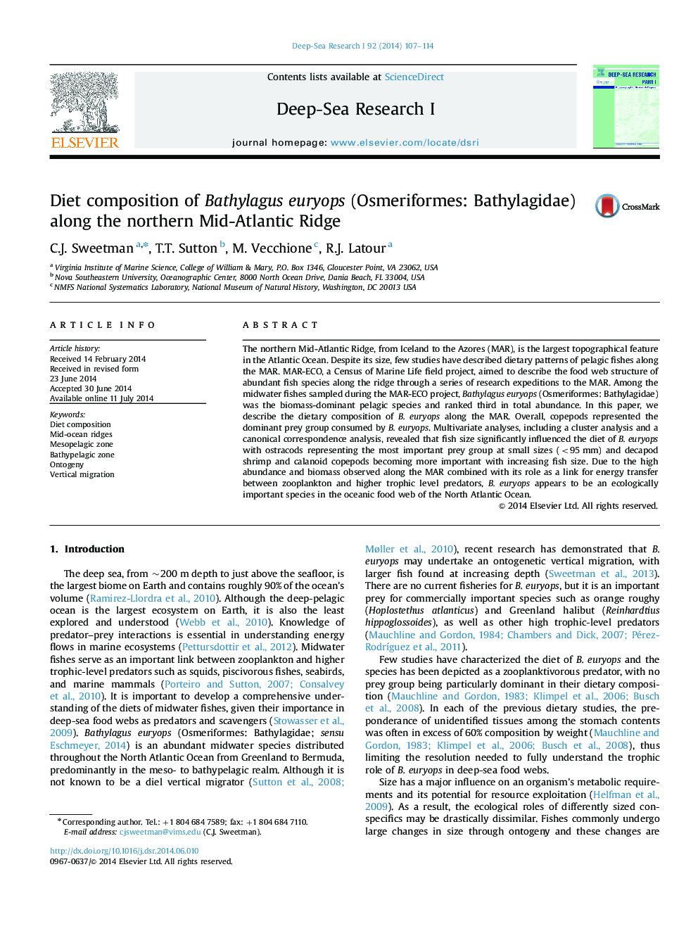 Diet composition of Bathylagus euryops (Osmeriformes: Bathylagidae) along the northern Mid-Atlantic Ridge