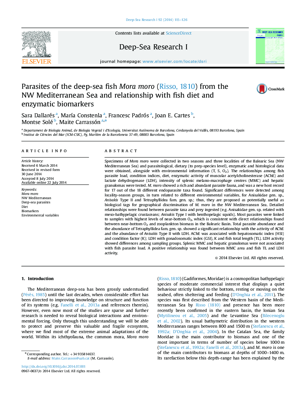 Parasites of the deep-sea fish Mora moro (Risso, 1810) from the NW Mediterranean Sea and relationship with fish diet and enzymatic biomarkers