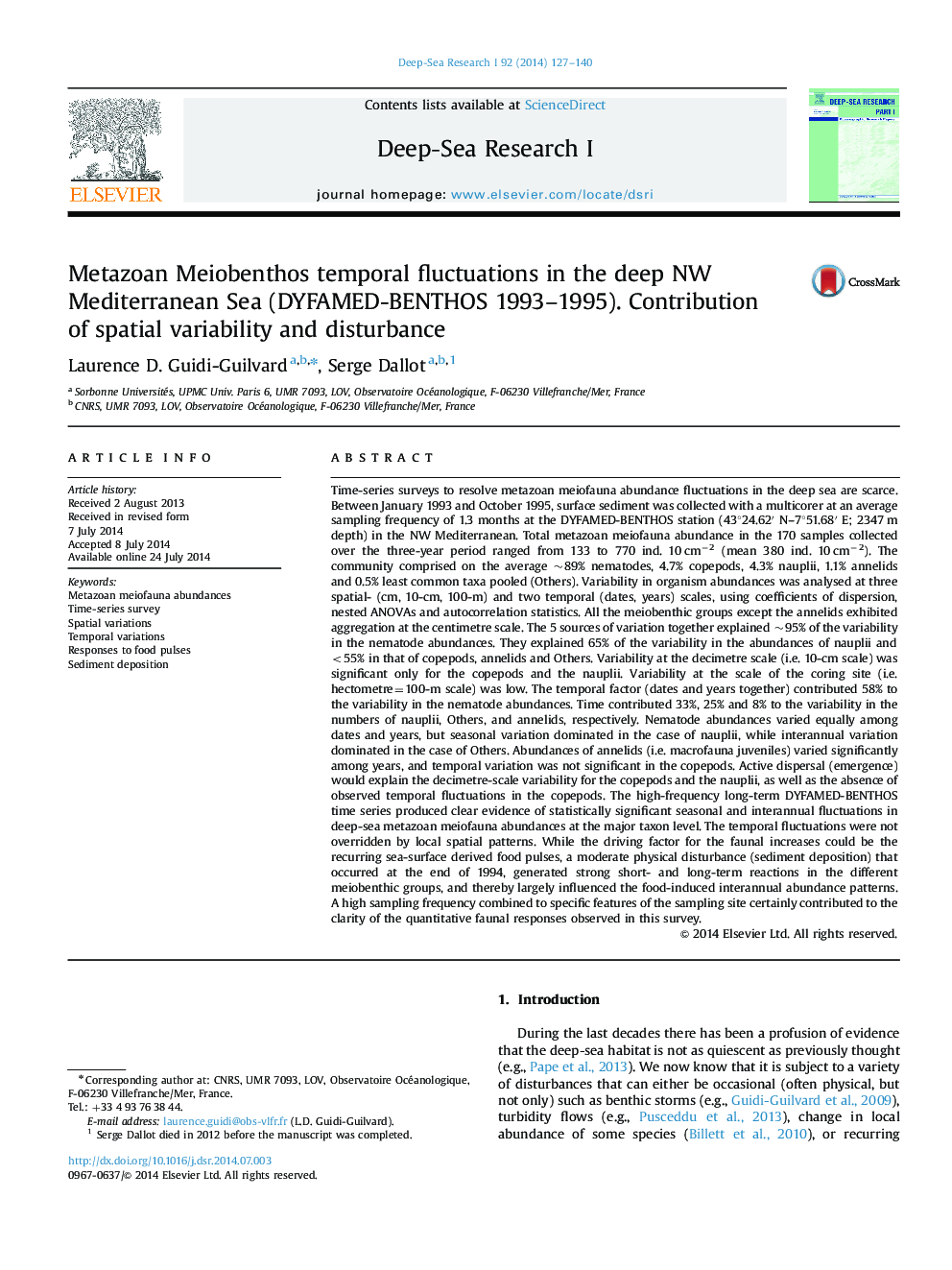 Metazoan Meiobenthos temporal fluctuations in the deep NW Mediterranean Sea (DYFAMED-BENTHOS 1993-1995). Contribution of spatial variability and disturbance