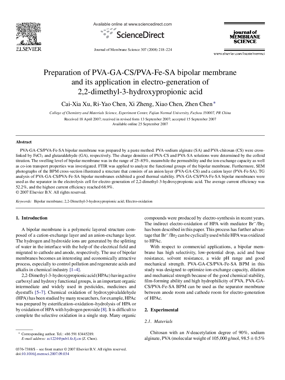 Preparation of PVA-GA-CS/PVA-Fe-SA bipolar membrane and its application in electro-generation of 2,2-dimethyl-3-hydroxypropionic acid