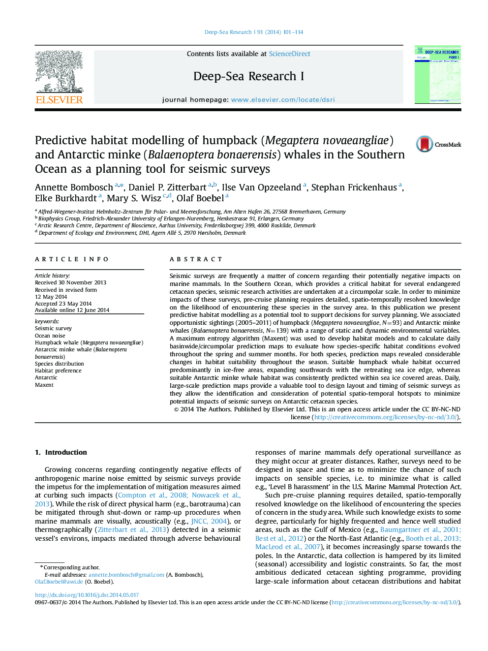 Predictive habitat modelling of humpback (Megaptera novaeangliae) and Antarctic minke (Balaenoptera bonaerensis) whales in the Southern Ocean as a planning tool for seismic surveys