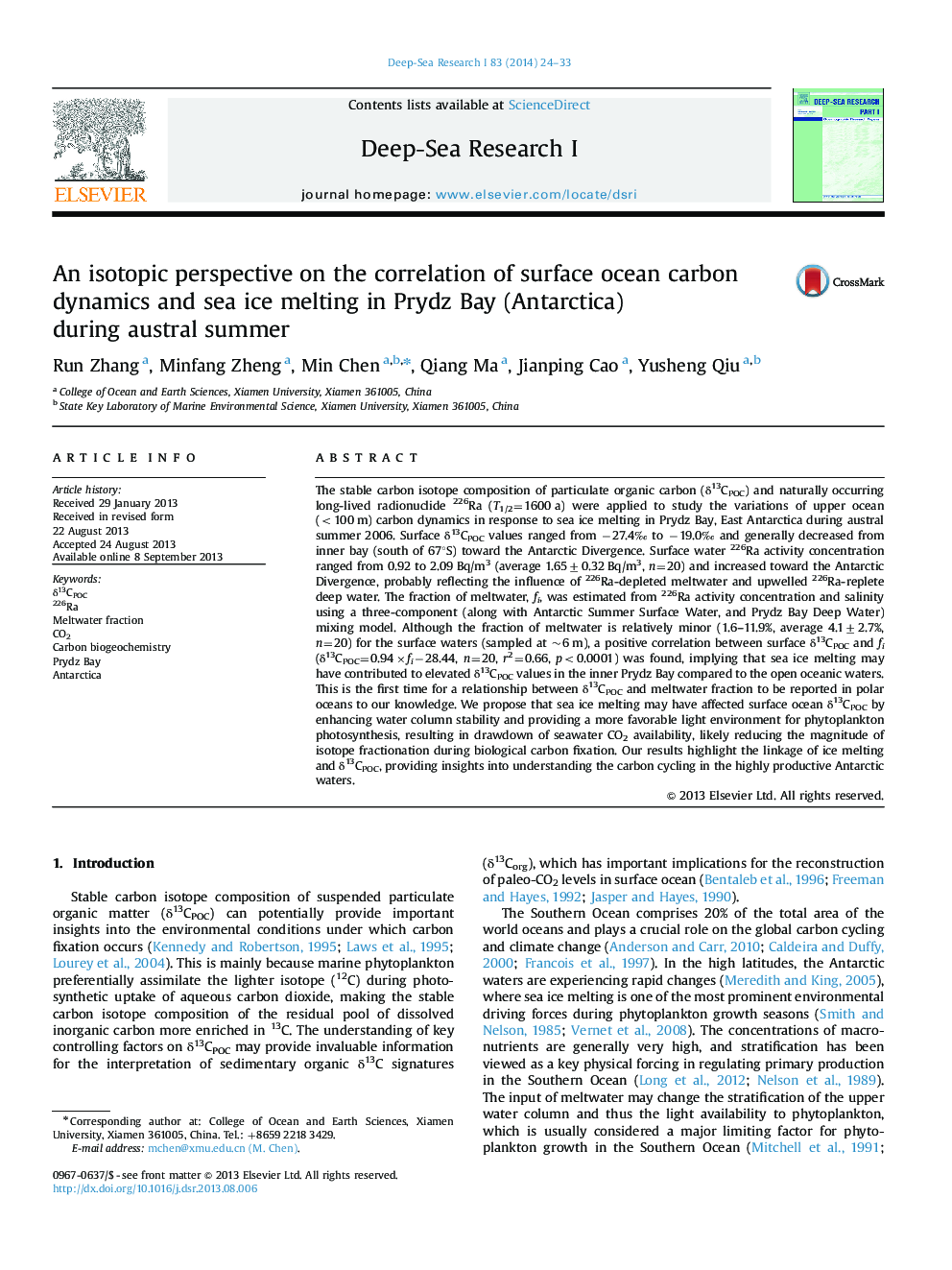 An isotopic perspective on the correlation of surface ocean carbon dynamics and sea ice melting in Prydz Bay (Antarctica) during austral summer