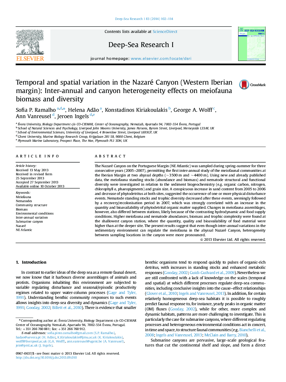 Temporal and spatial variation in the Nazaré Canyon (Western Iberian margin): Inter-annual and canyon heterogeneity effects on meiofauna biomass and diversity