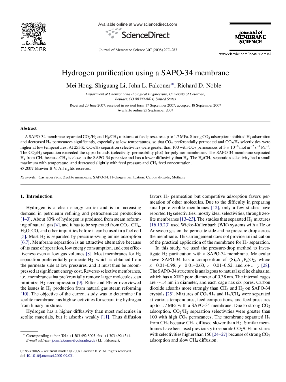 Hydrogen purification using a SAPO-34 membrane