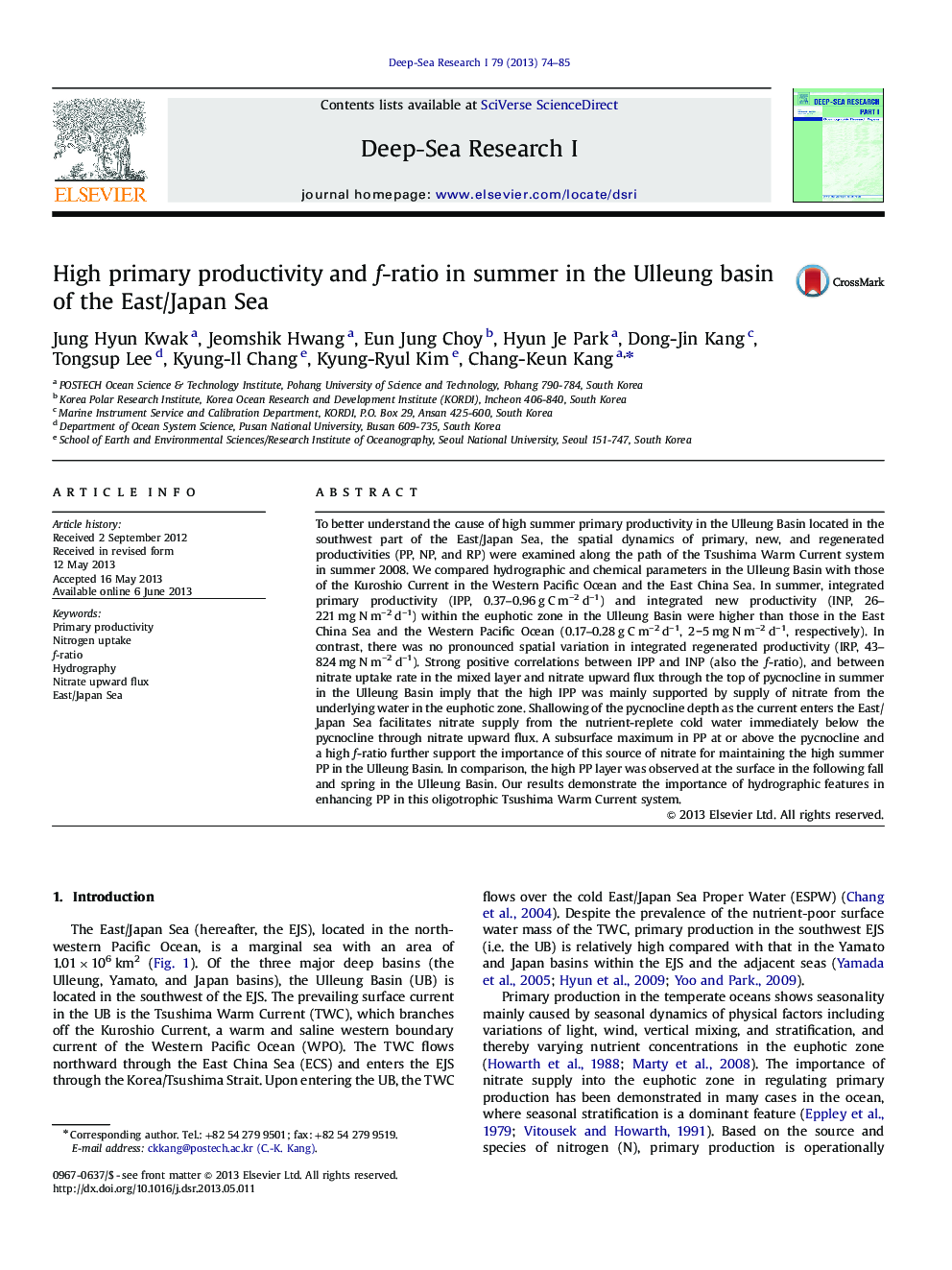 High primary productivity and f-ratio in summer in the Ulleung basin of the East/Japan Sea