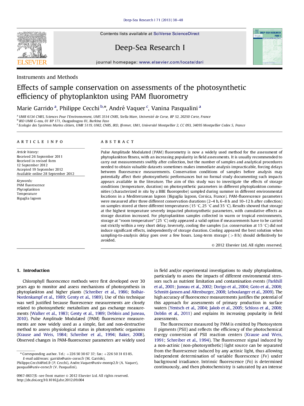 Effects of sample conservation on assessments of the photosynthetic efficiency of phytoplankton using PAM fluorometry