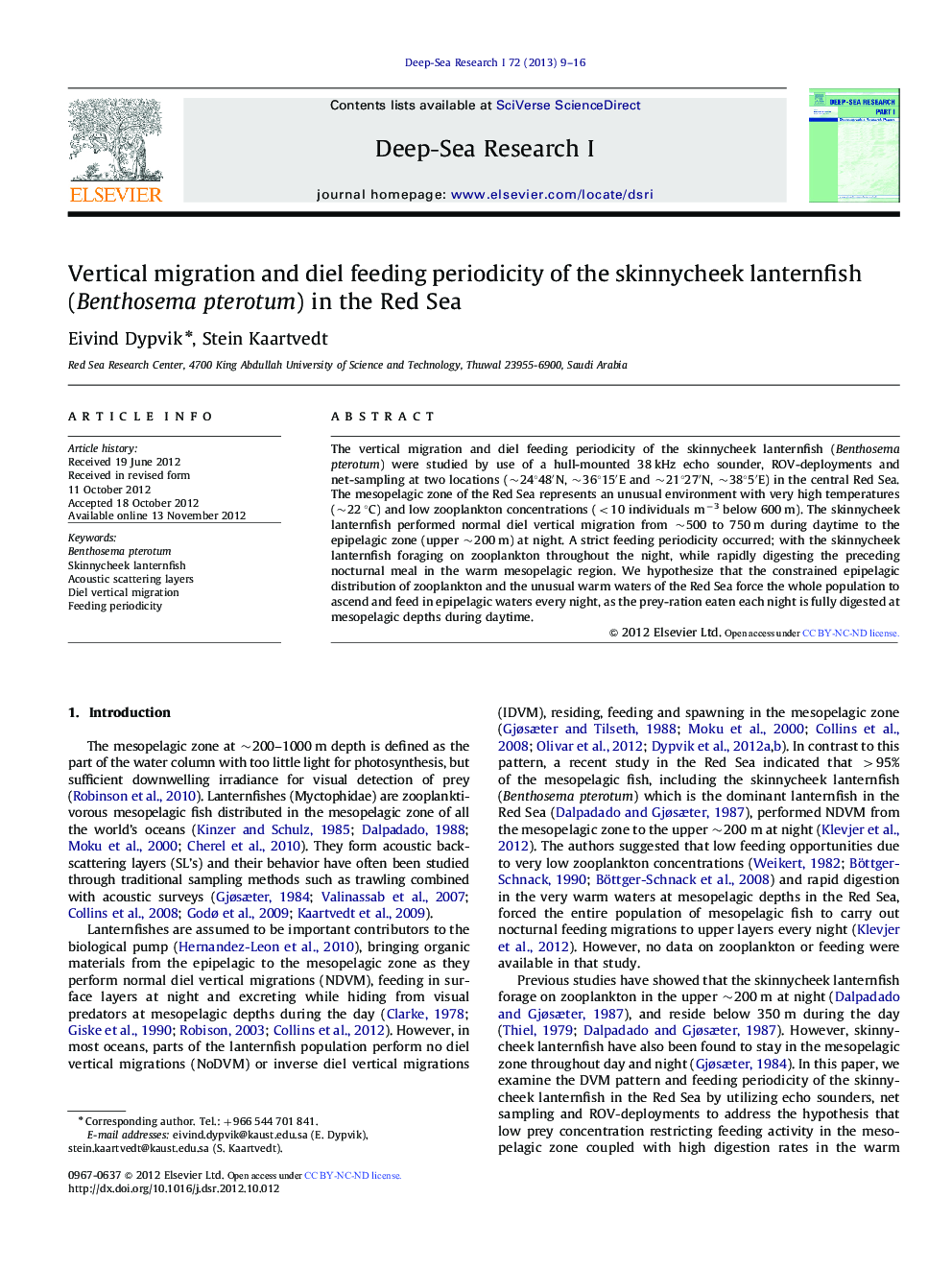 Vertical migration and diel feeding periodicity of the skinnycheek lanternfish (Benthosema pterotum) in the Red Sea