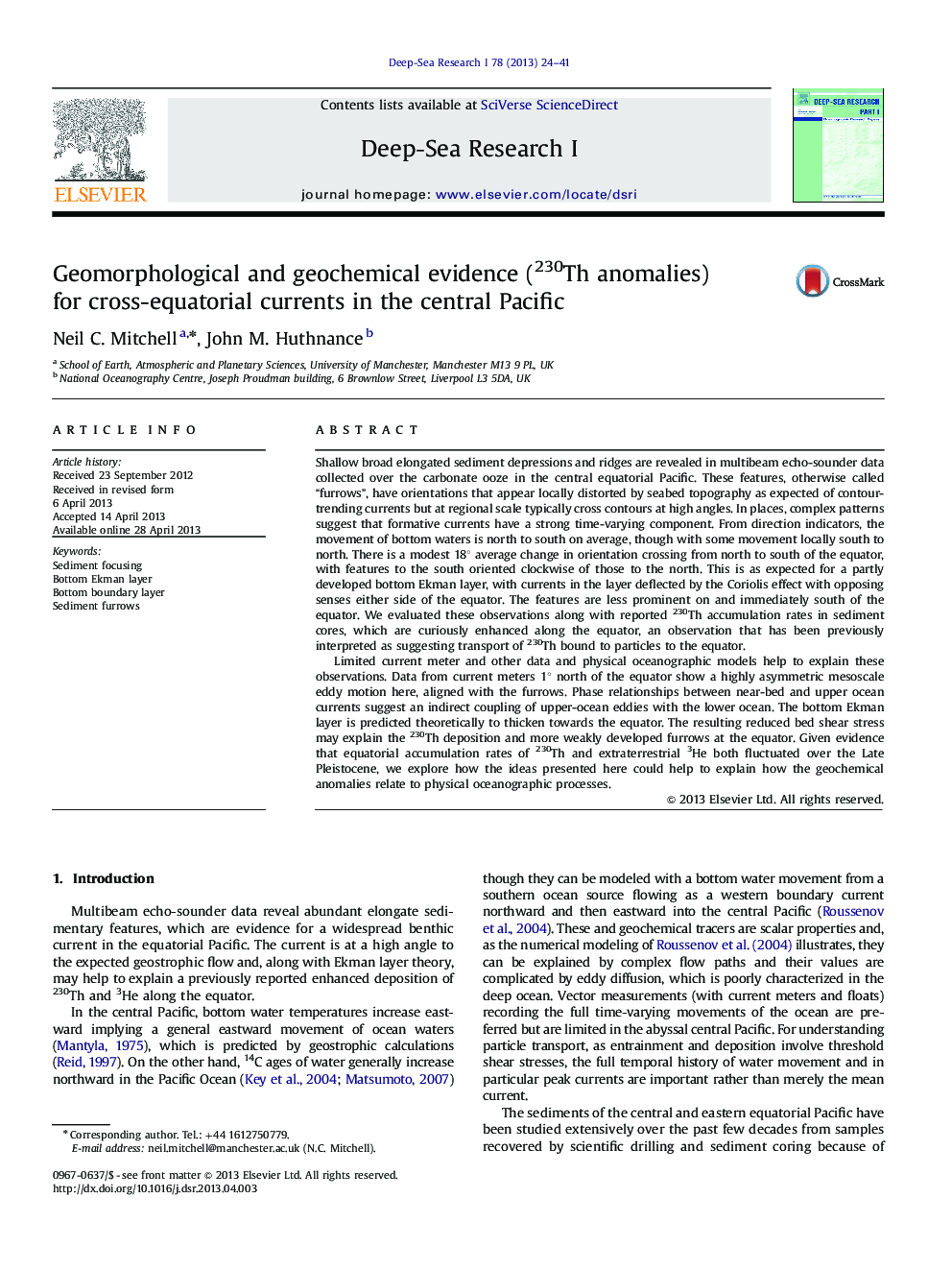 Geomorphological and geochemical evidence (230Th anomalies) for cross-equatorial currents in the central Pacific