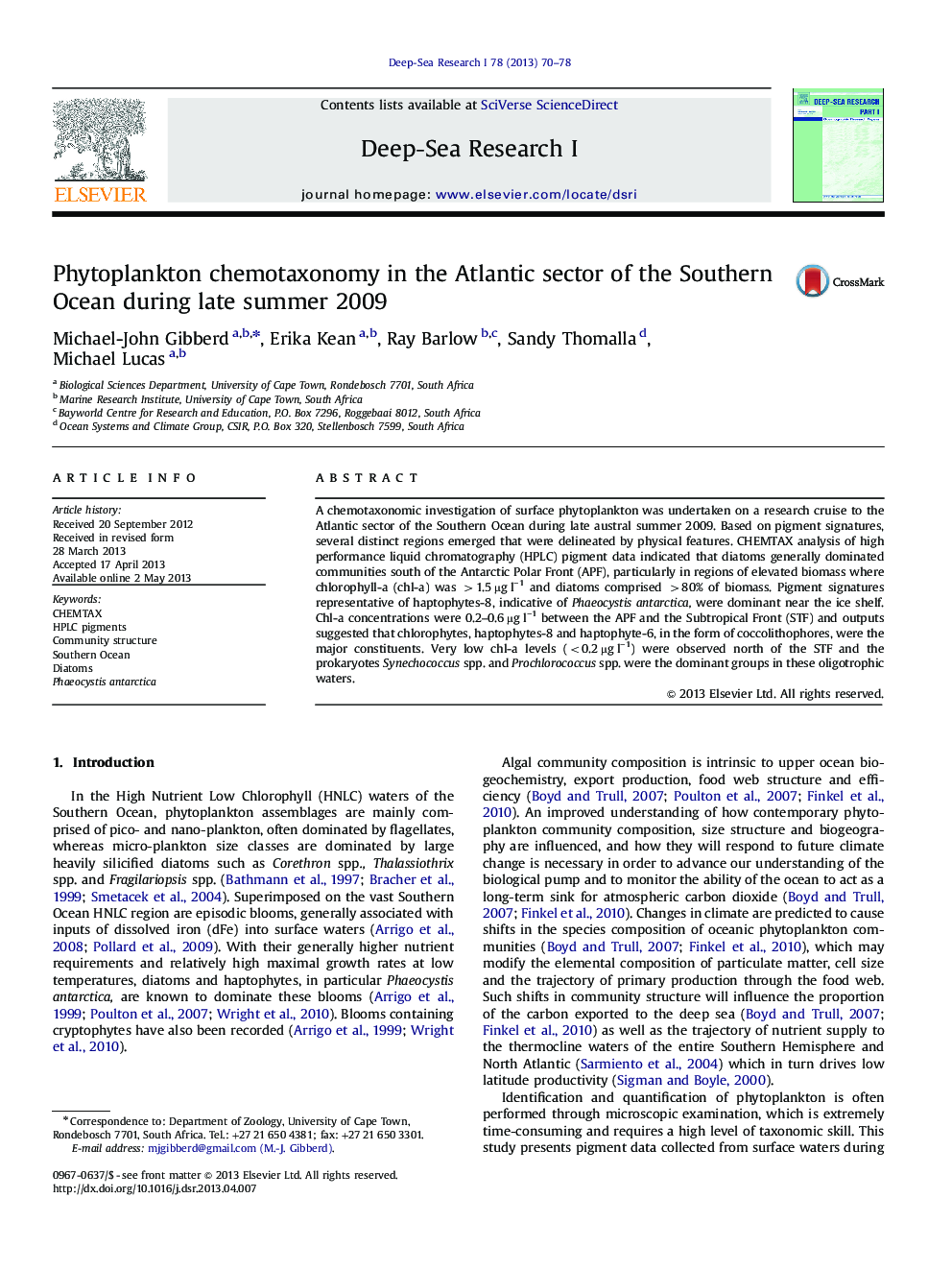 Phytoplankton chemotaxonomy in the Atlantic sector of the Southern Ocean during late summer 2009