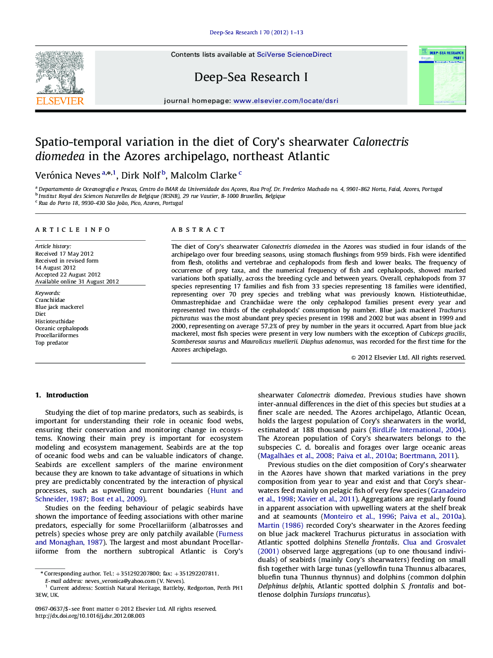 Spatio-temporal variation in the diet of Cory's shearwater Calonectris diomedea in the Azores archipelago, northeast Atlantic