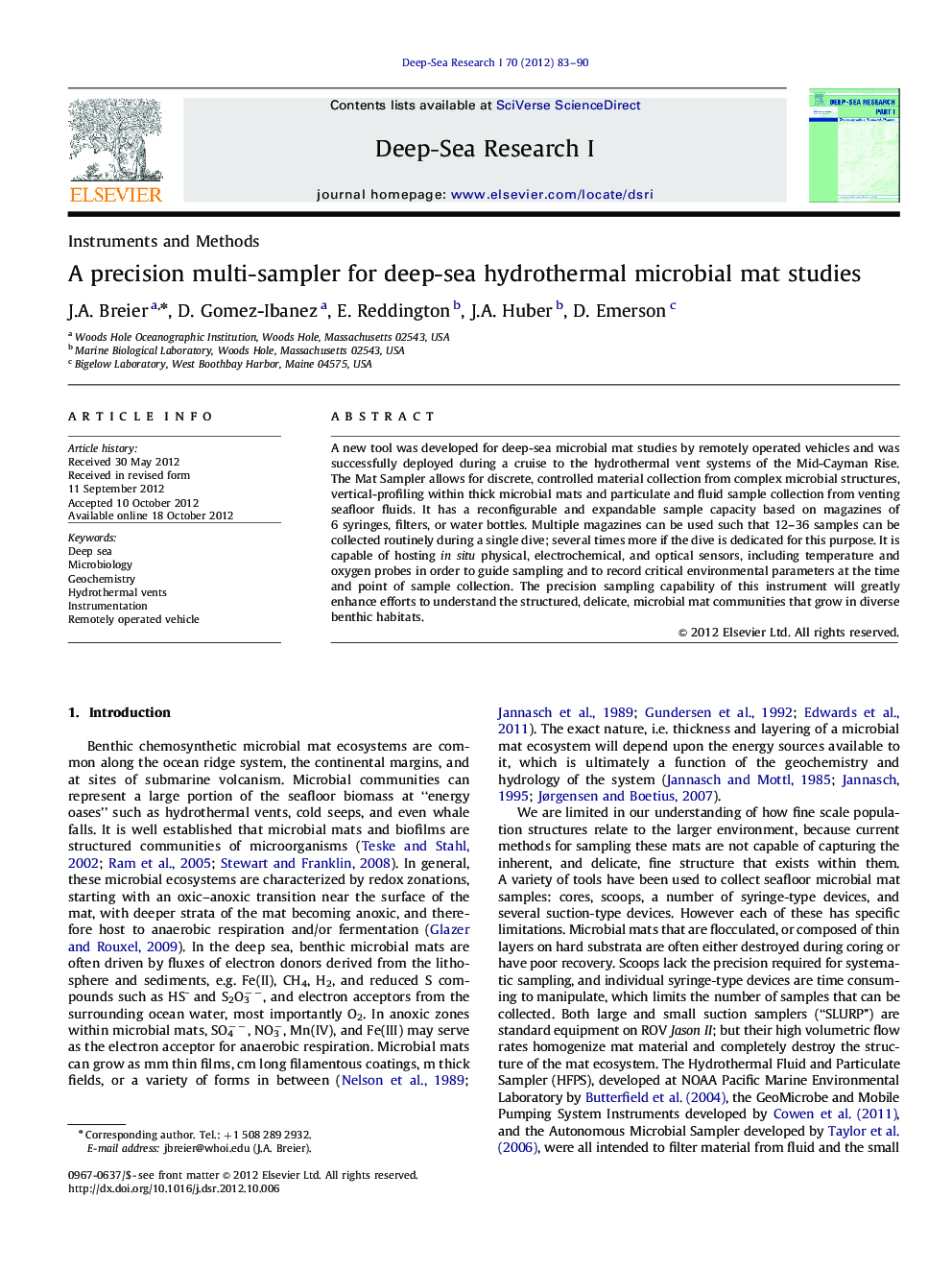 A precision multi-sampler for deep-sea hydrothermal microbial mat studies