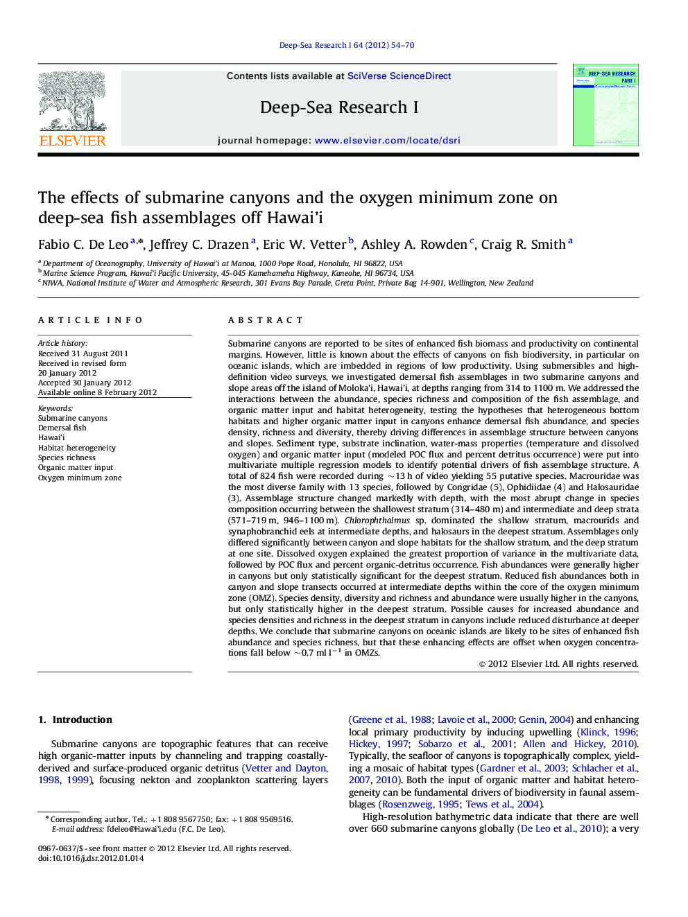 The effects of submarine canyons and the oxygen minimum zone on deep-sea fish assemblages off Hawai'i