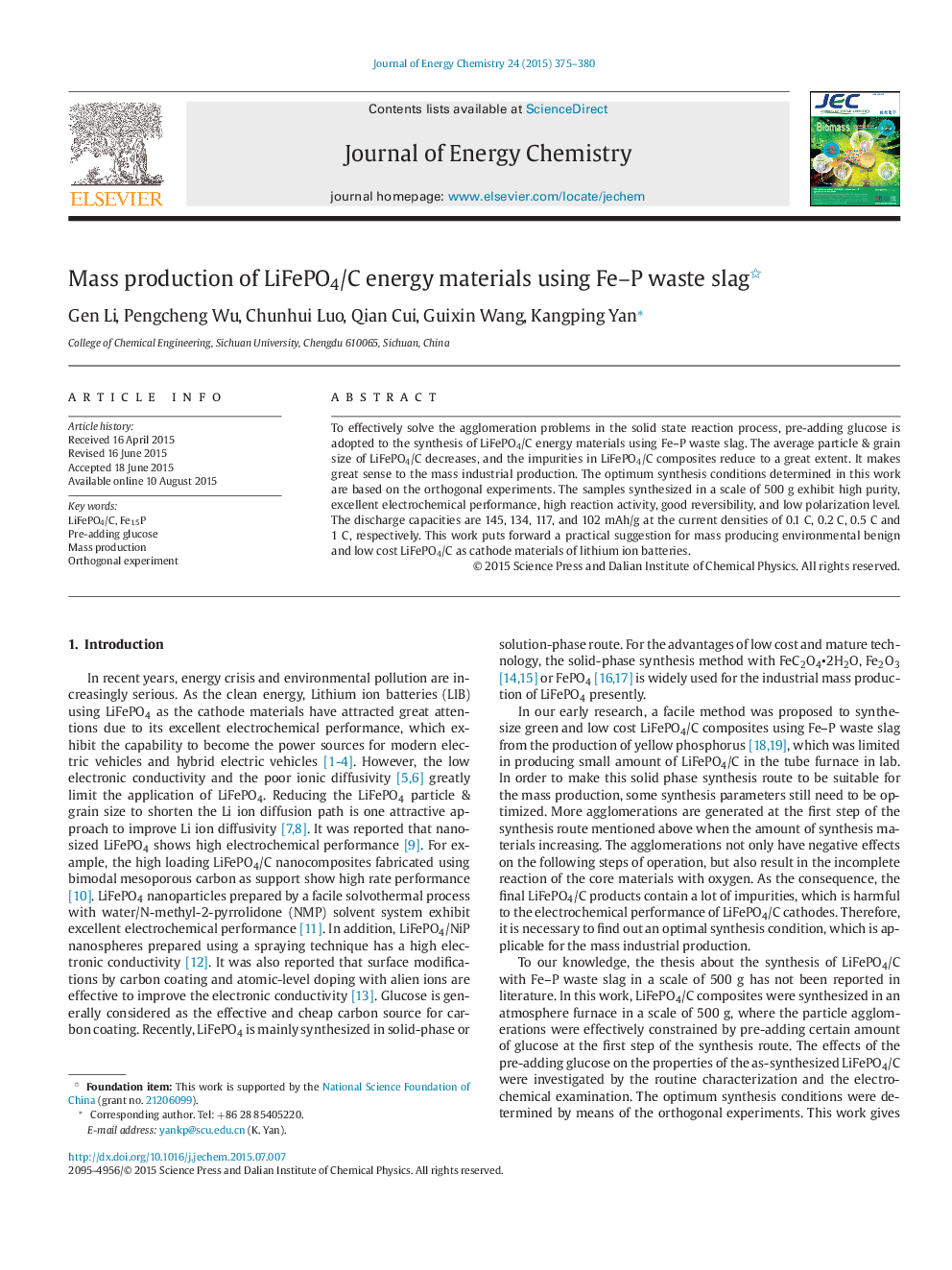 Mass production of LiFePO4/C energy materials using Fe–P waste slag 