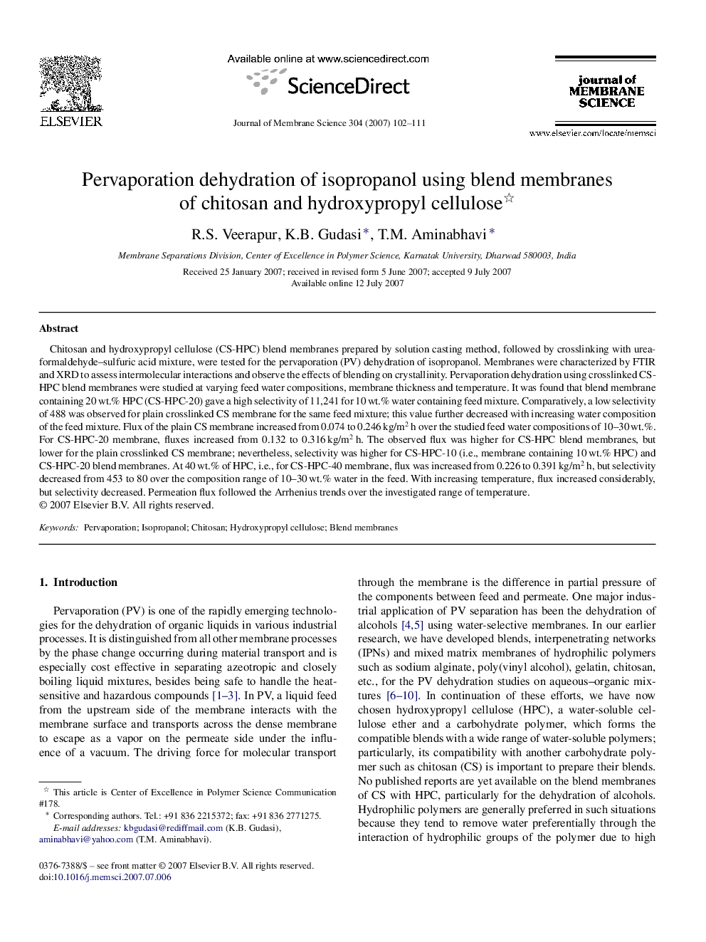 Pervaporation dehydration of isopropanol using blend membranes of chitosan and hydroxypropyl cellulose 