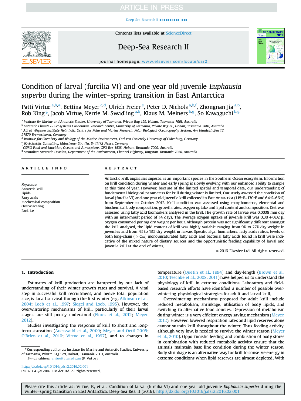 Condition of larval (furcilia VI) and one year old juvenile Euphausia superba during the winter-spring transition in East Antarctica