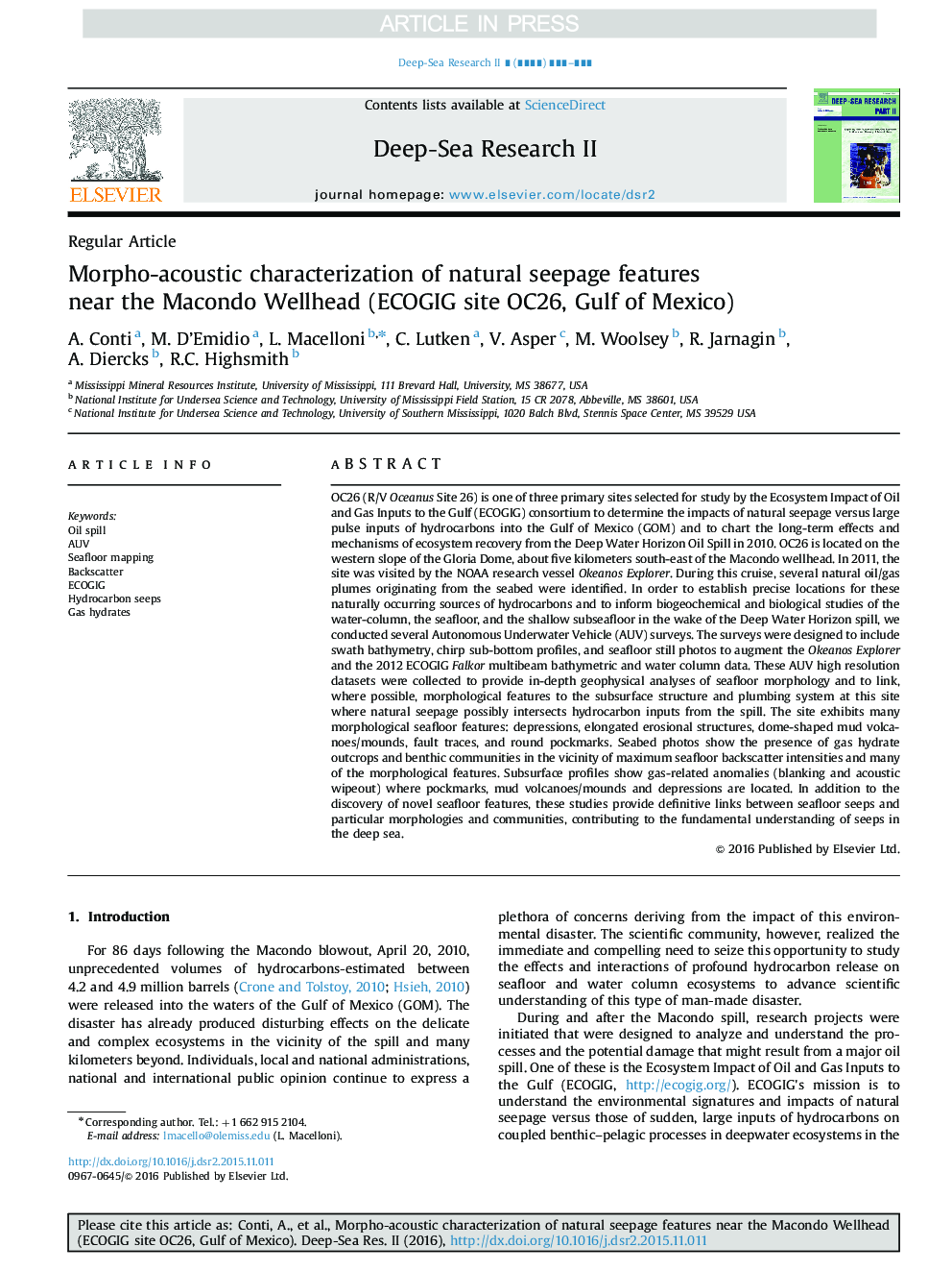 Morpho-acoustic characterization of natural seepage features near the Macondo Wellhead (ECOGIG site OC26, Gulf of Mexico)