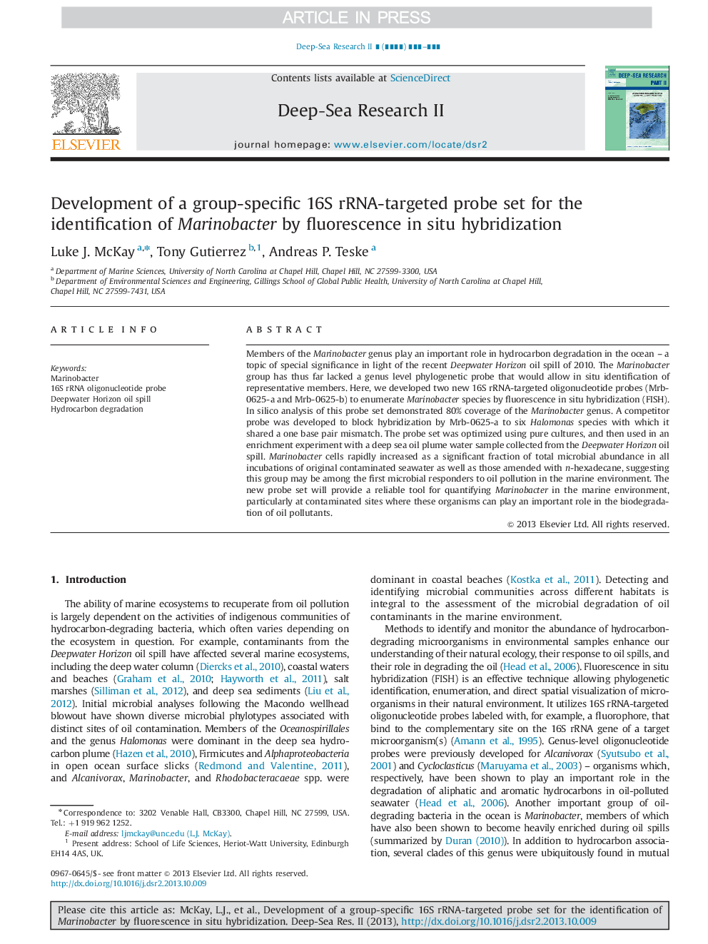 Development of a group-specific 16S rRNA-targeted probe set for the identification of Marinobacter by fluorescence in situ hybridization