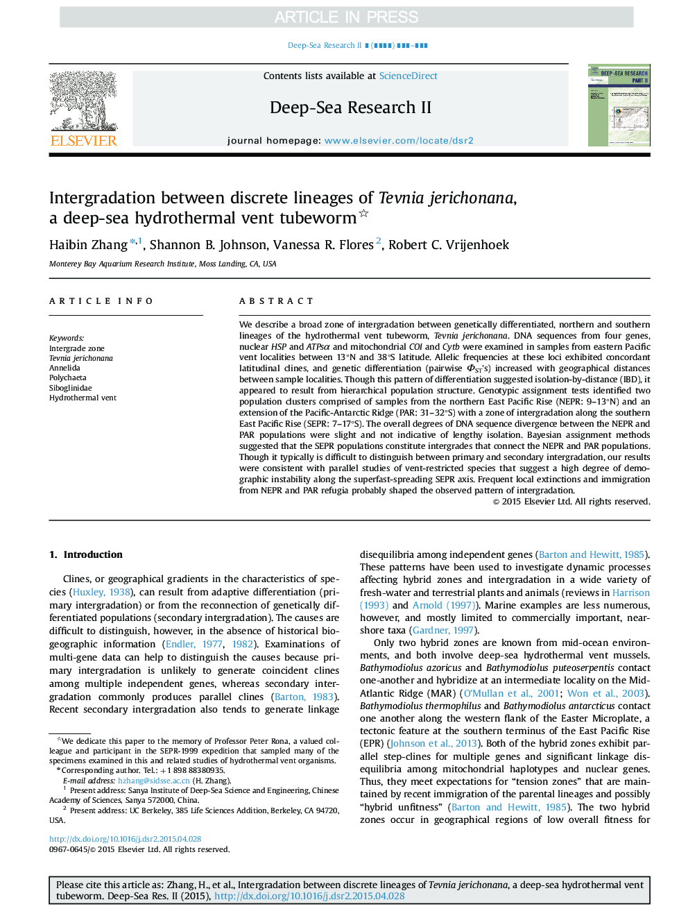 Intergradation between discrete lineages of Tevnia jerichonana, a deep-sea hydrothermal vent tubeworm