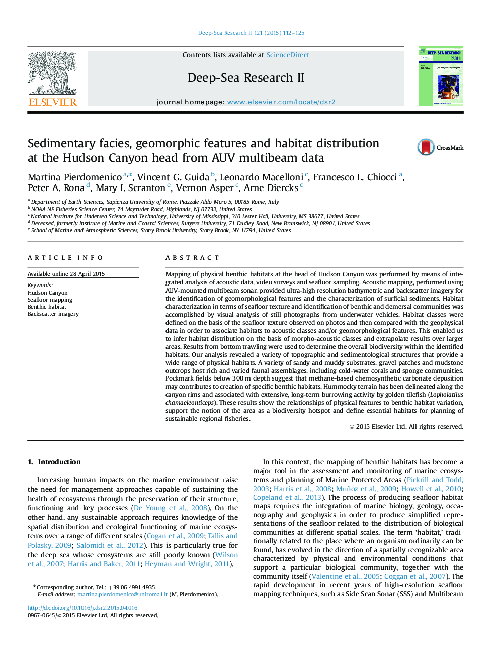 Sedimentary facies, geomorphic features and habitat distribution at the Hudson Canyon head from AUV multibeam data