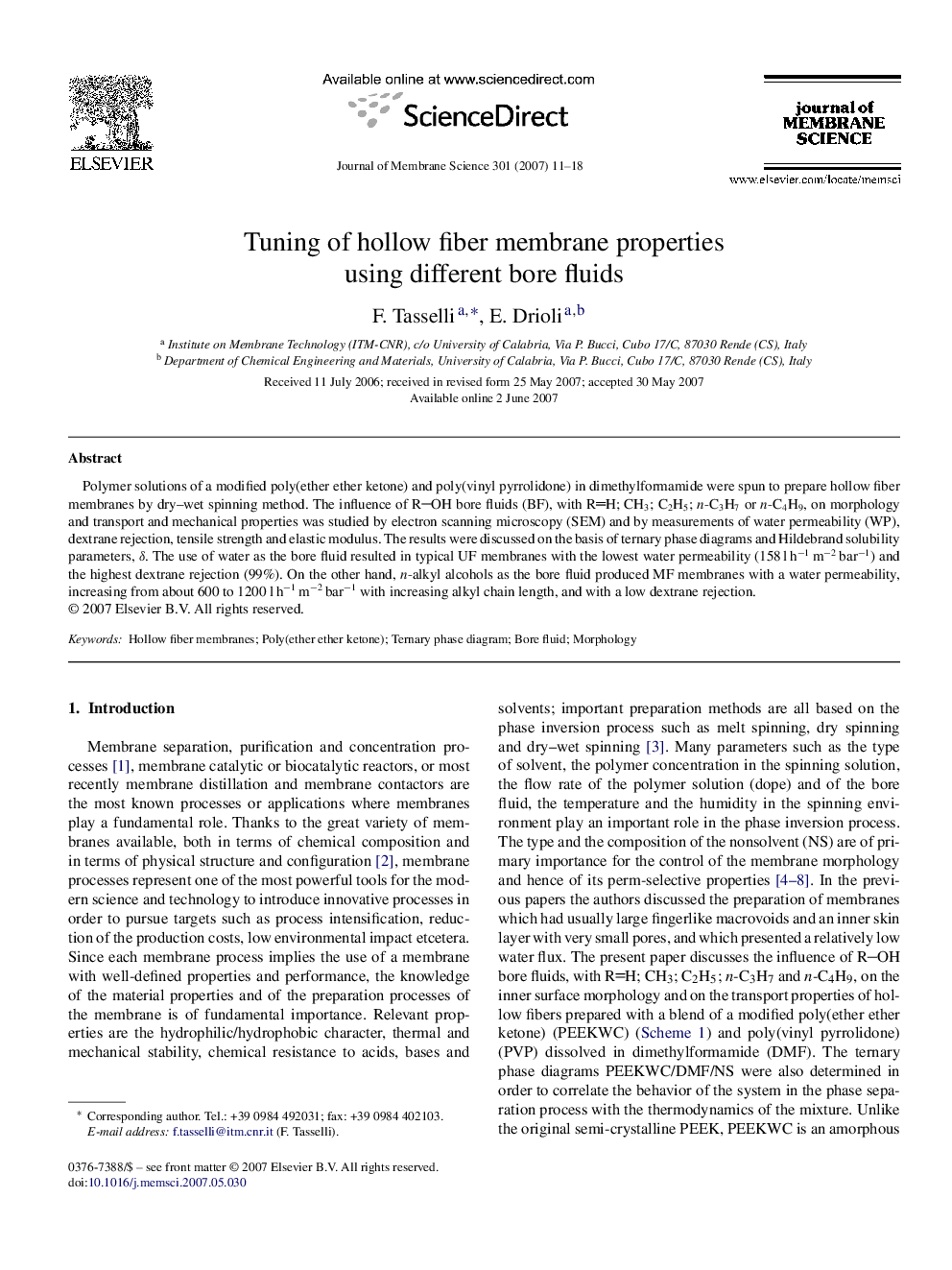 عکس صفحه اول مقاله: Tuning of hollow fiber membrane properties using different bore fluids Tuning of hollow fiber membrane properties using different bore fluids