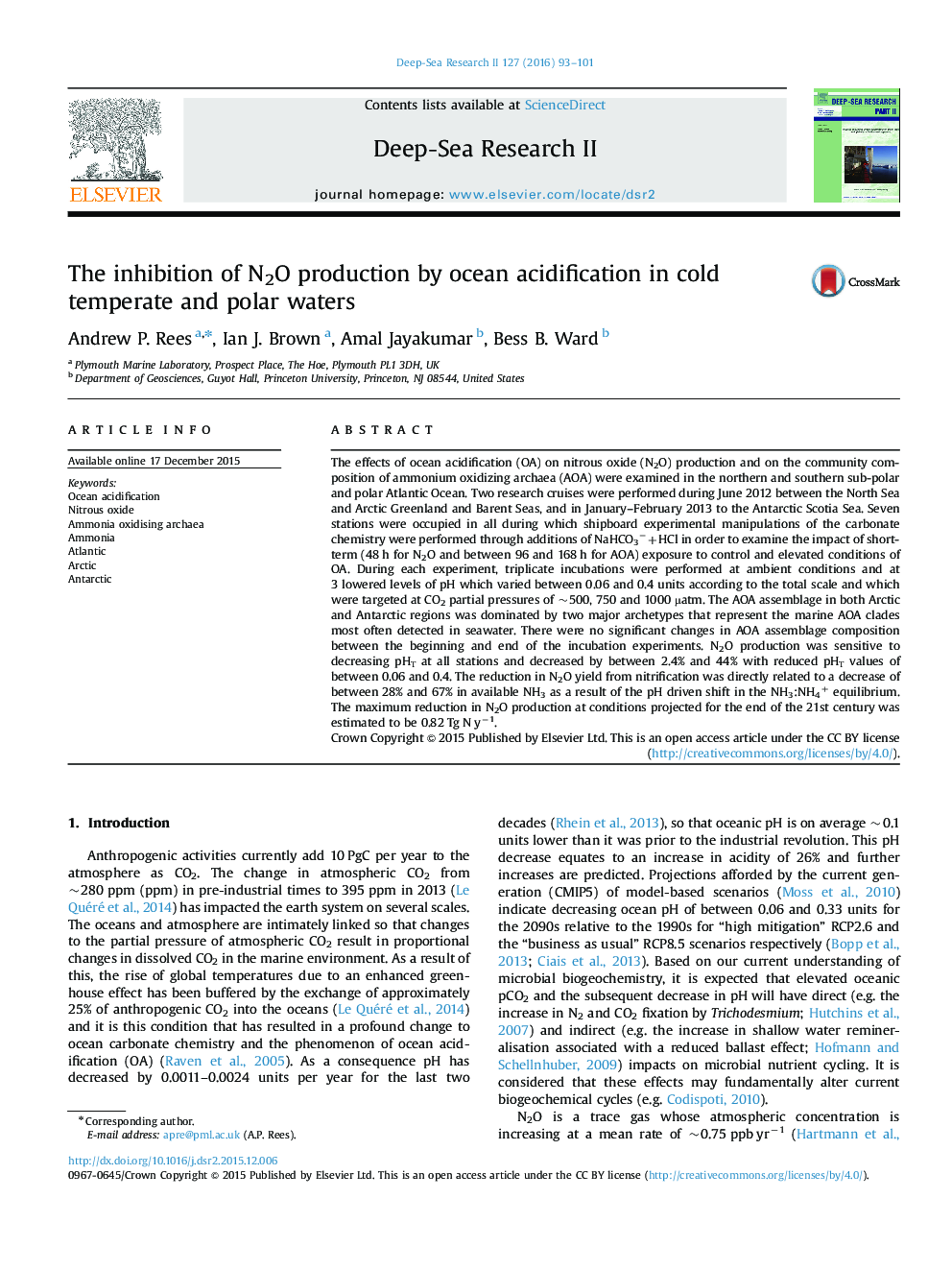 The inhibition of N2O production by ocean acidification in cold temperate and polar waters