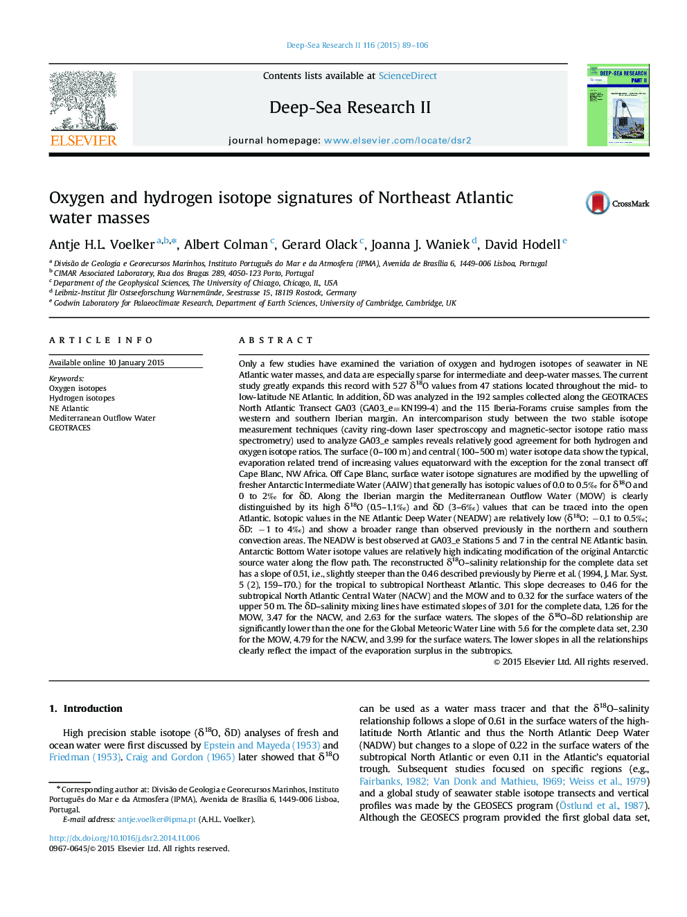 Oxygen and hydrogen isotope signatures of Northeast Atlantic water masses