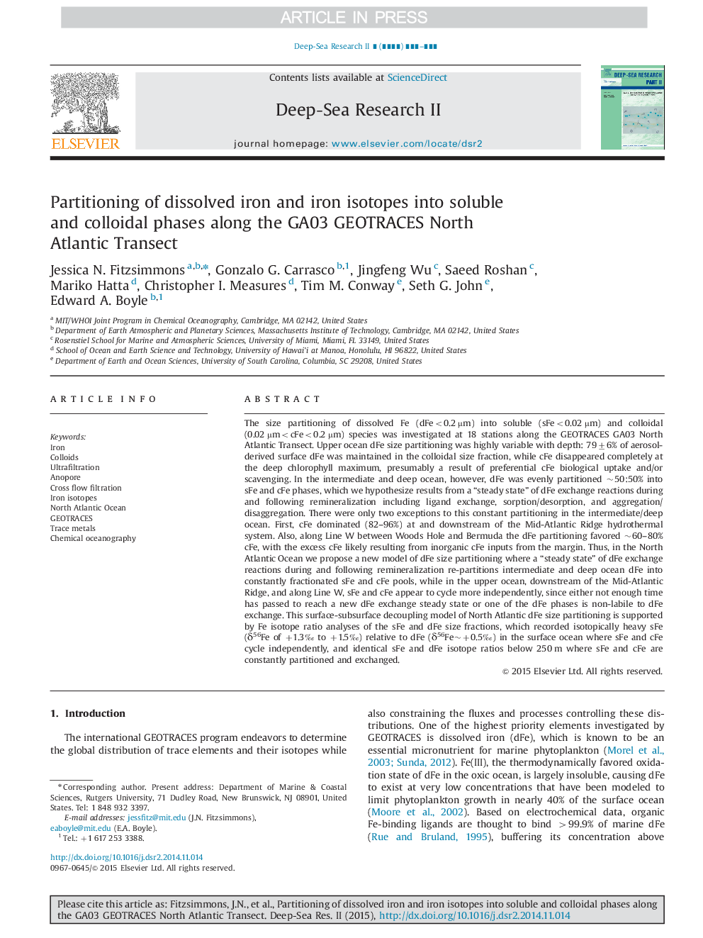 Partitioning of dissolved iron and iron isotopes into soluble and colloidal phases along the GA03 GEOTRACES North Atlantic Transect