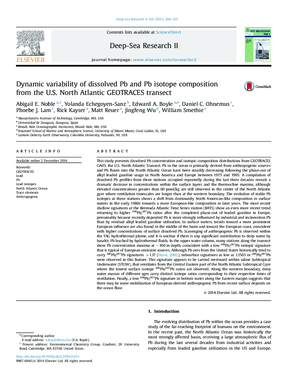 Dynamic variability of dissolved Pb and Pb isotope composition from the U.S. North Atlantic GEOTRACES transect