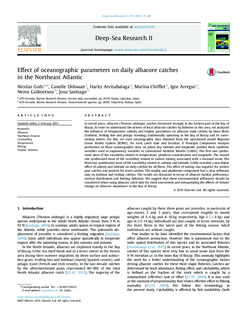 Effect of oceanographic parameters on daily albacore catches in the Northeast Atlantic