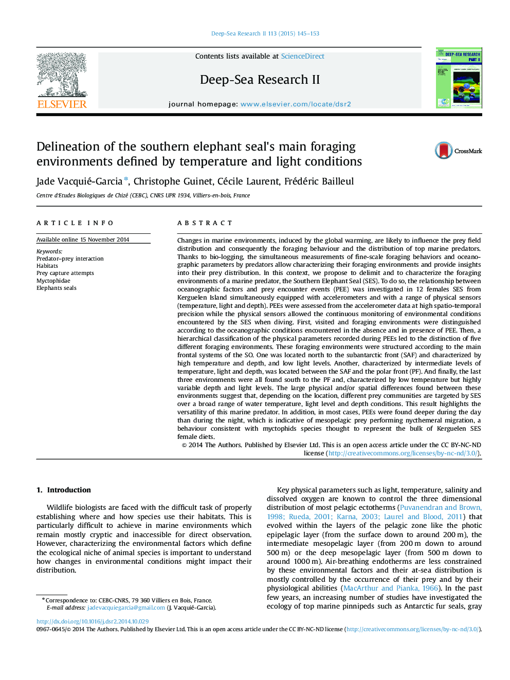 Delineation of the southern elephant seal×³s main foraging environments defined by temperature and light conditions