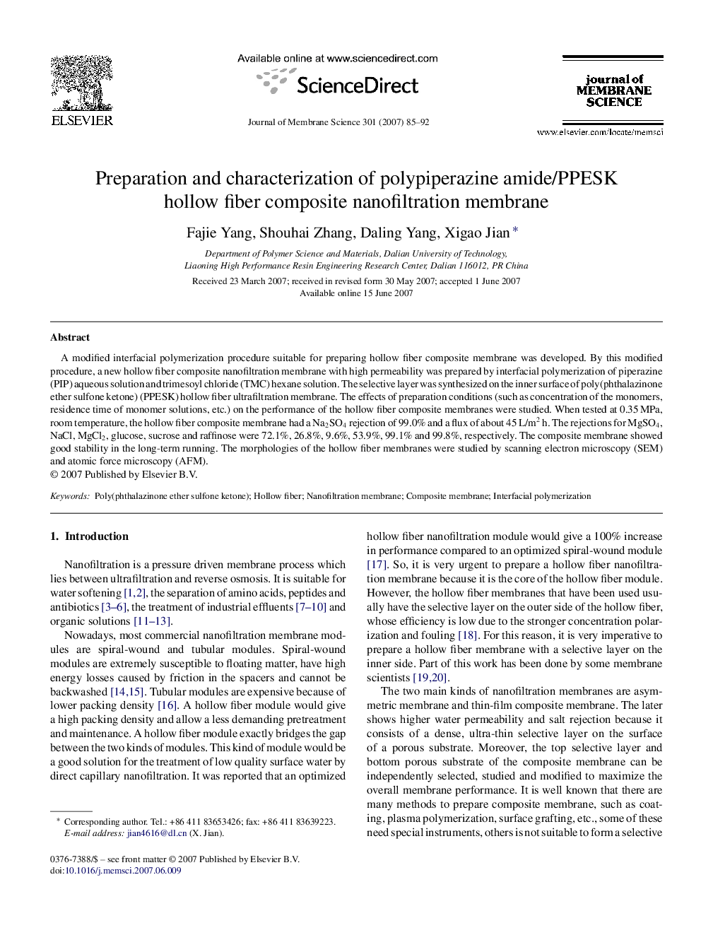 Preparation and characterization of polypiperazine amide/PPESK hollow fiber composite nanofiltration membrane