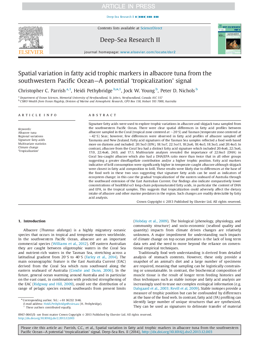 Spatial variation in fatty acid trophic markers in albacore tuna from the southwestern Pacific Ocean-A potential 'tropicalization' signal