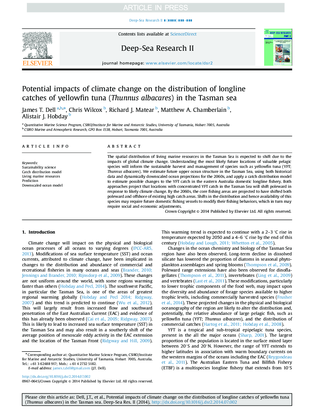 Potential impacts of climate change on the distribution of longline catches of yellowfin tuna (Thunnus albacares) in the Tasman sea