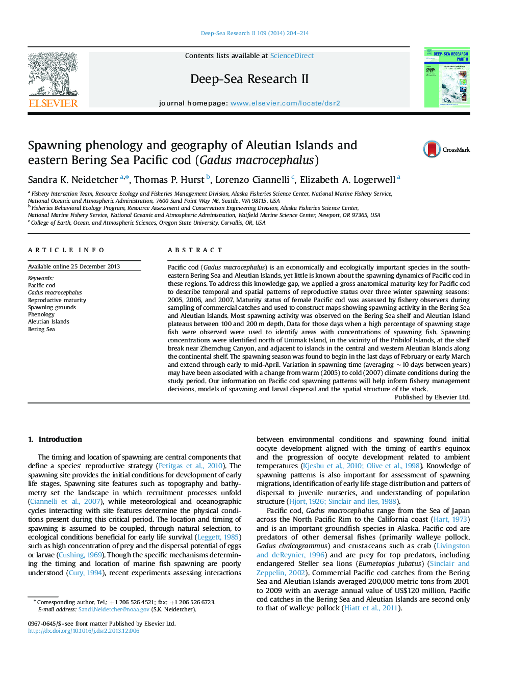 Spawning phenology and geography of Aleutian Islands and eastern Bering Sea Pacific cod (Gadus macrocephalus)