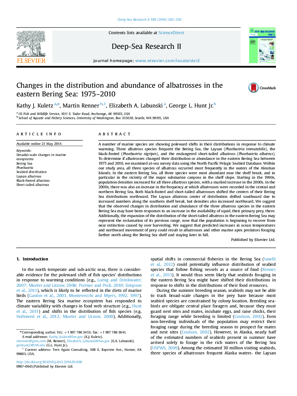 Changes in the distribution and abundance of albatrosses in the eastern Bering Sea: 1975-2010