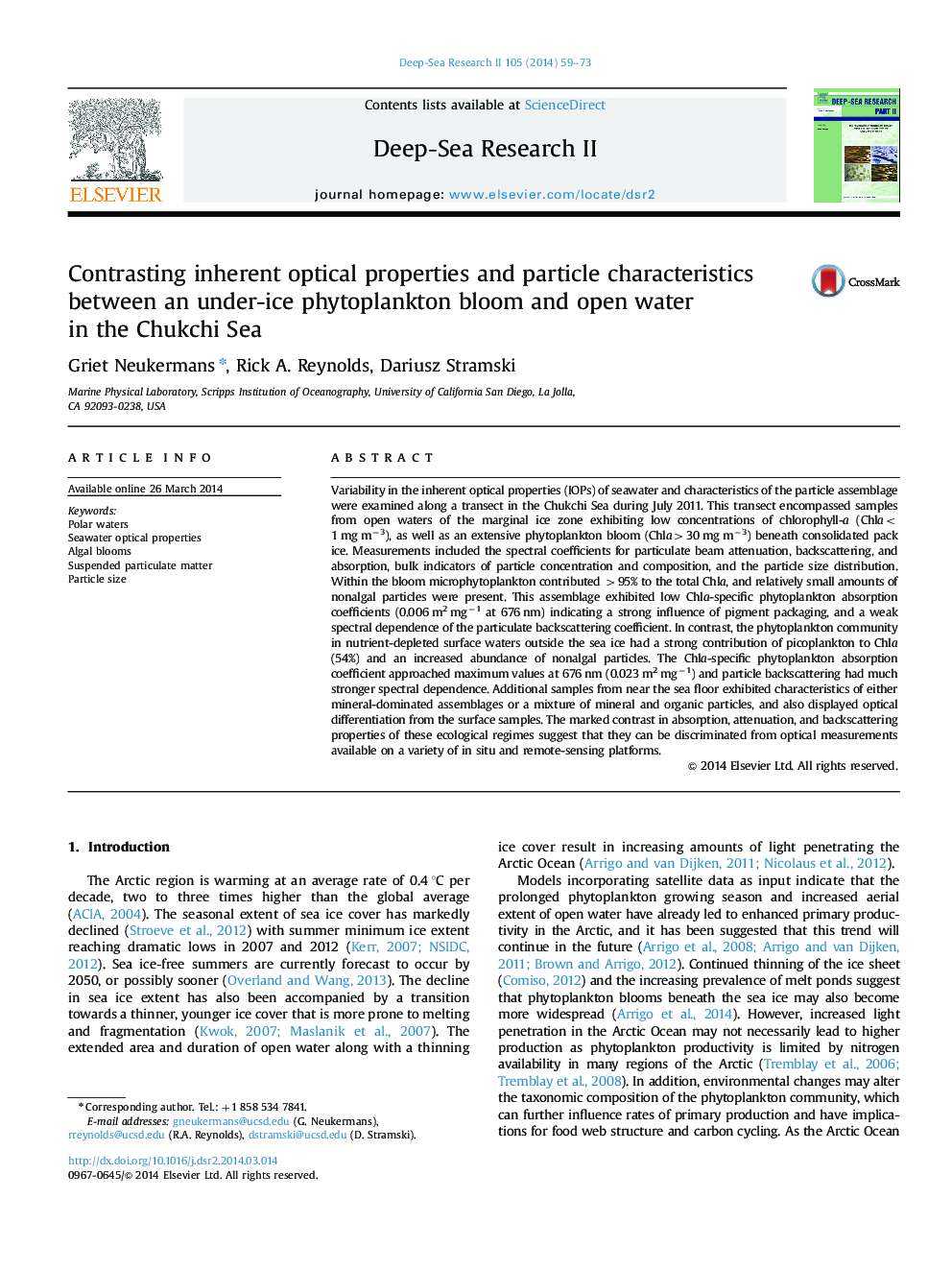 Contrasting inherent optical properties and particle characteristics between an under-ice phytoplankton bloom and open water in the Chukchi Sea