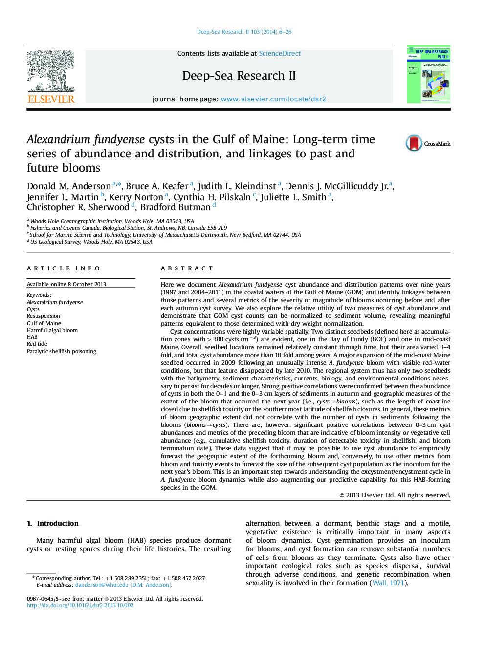 Alexandrium fundyense cysts in the Gulf of Maine: Long-term time series of abundance and distribution, and linkages to past and future blooms