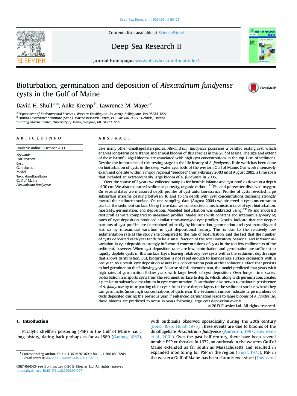 Bioturbation, germination and deposition of Alexandrium fundyense cysts in the Gulf of Maine