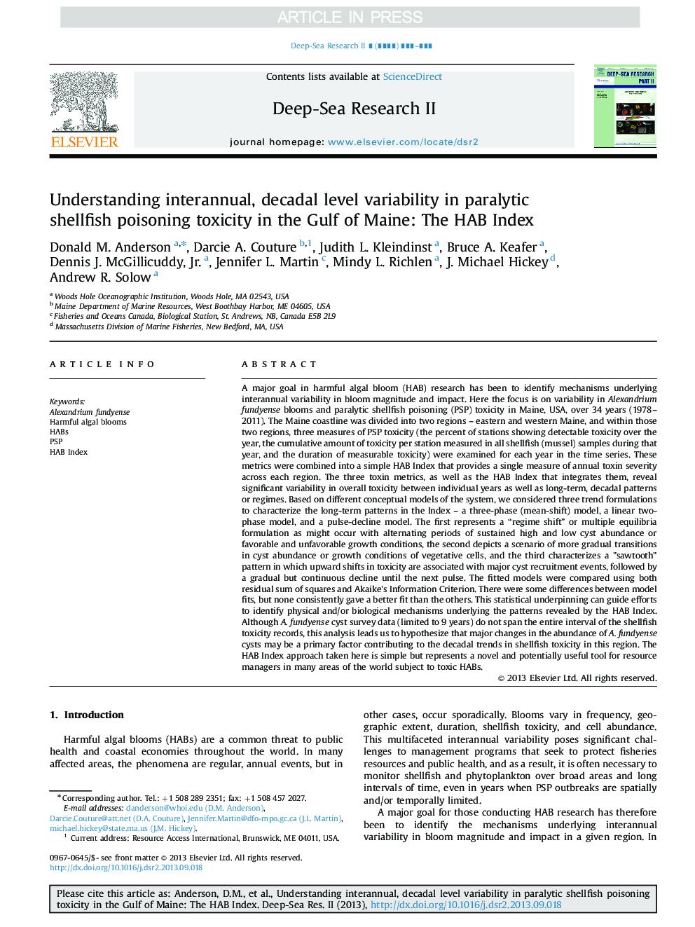 Understanding interannual, decadal level variability in paralytic shellfish poisoning toxicity in the Gulf of Maine: The HAB Index